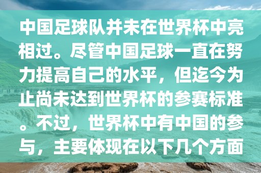 中国足球队并未在世界杯中亮相过。尽管中国足球一直在努力提高自己的水平，但迄今为止尚未达到世界杯的参赛标准。不过，世界杯中有中国的参与，主要体现在以下几个方面