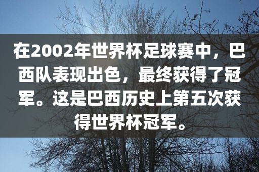 在2002年世界杯足球赛中，巴西队表现出色，最终获得了冠军。这是巴西历史上第五次获得世界杯冠军。