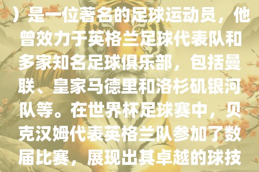 贝克汉姆（David Beckham）是一位著名的足球运动员，他曾效力于英格兰足球代表队和多家知名足球俱乐部，包括曼联、皇家马德里和洛杉矶银河队等。在世界杯足球赛中，贝克汉姆代表英格兰队参加了数届比赛，展现出其卓越的球技和魅力。