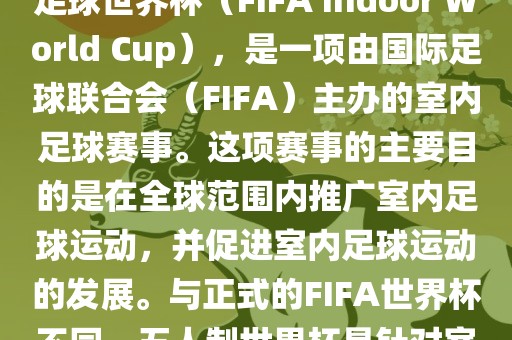 五人制世界杯，也被称为室内足球世界杯（FIFA Indoor World Cup），是一项由国际足球联合会（FIFA）主办的室内足球赛事。这项赛事的主要目的是在全球范围内推广室内足球运动，并促进室内足球运动的发展。与正式的FIFA世界杯不同，五人制世界杯是针对室内足球的比赛。
