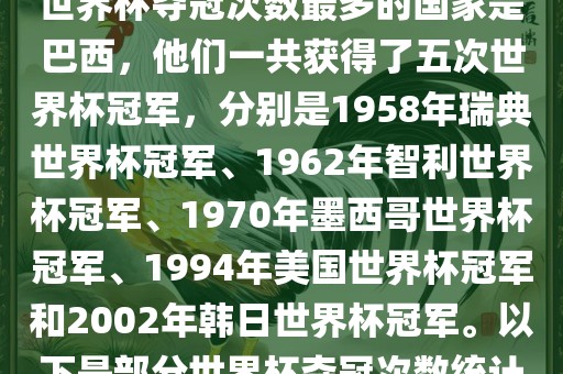 世界杯夺冠次数最多的国家是巴西，他们一共获得了五次世界杯冠军，分别是1958年瑞典世界杯冠军、1962年智利世界杯冠军、1970年墨西哥世界杯冠军、1994年美国世界杯冠军和2002年韩日世界杯冠军。以下是部分世界杯夺冠次数统计漯河市盈旭机械设备有限公司