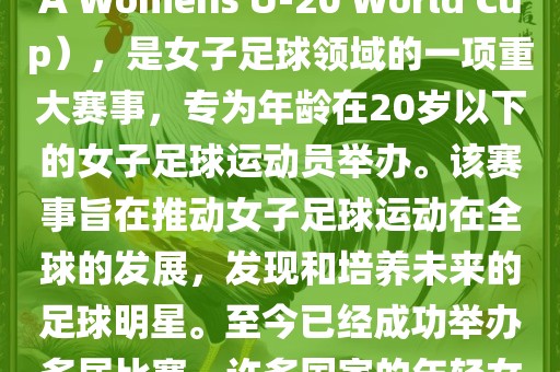 U-20女足世界杯，也被称为国际足联女子U-20世界杯（FIFA Womens U-20 World Cup），是女子足球领域的一项重大赛事，专为年龄在20岁以下的女子足球运动员举办。该赛事旨在推动女子足球运动在全球的发展，发现和培养未来的足球明星。至今已经成功举办多届比赛，许多国家的年轻女足运动员通过这一赛事获得了国际认可和赞誉。