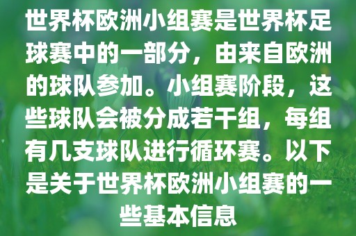 世界杯欧洲小组赛是世界杯足球赛中的一部分，由来自欧洲的球队参加。小组赛阶段，这些球队会被分成若干组，每组有几支球队进行循环赛。以下是关于世界杯欧洲小组赛的一些基本信息漯河市盈旭机械设备有限公司