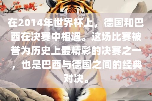 在2014年世界杯上，德国和巴西在决赛中相遇。这场比赛被誉为历史上最精彩的决赛之一，也是巴西与德国之间的经典对决。
