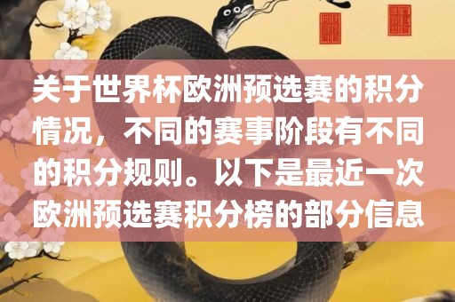 关于世界杯欧洲预选赛的积分情况，不同的赛事阶段有不同的积分规则。以下是最近一次欧洲预选赛积分榜的部分信息