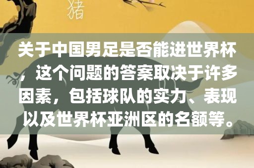 关于中国男足是否能进世界杯，这个问题的答案取决于许多因素，包括球队的实力、表现以及世界杯亚洲区的名额等。漯河市盈旭机械设备有限公司