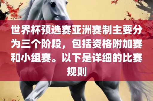 世界杯预选赛亚洲赛制主要分为三个阶段，包括资格附加赛和小组赛。以下是详细的比赛规则